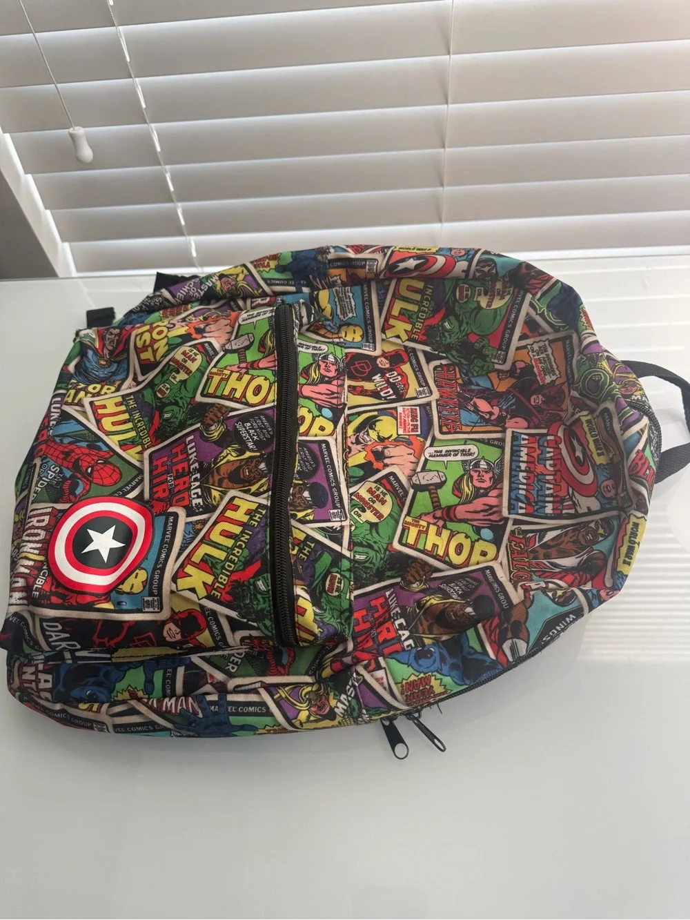 Marvel Multicolor Comic Collage Backpack with Captain America Shield Accent